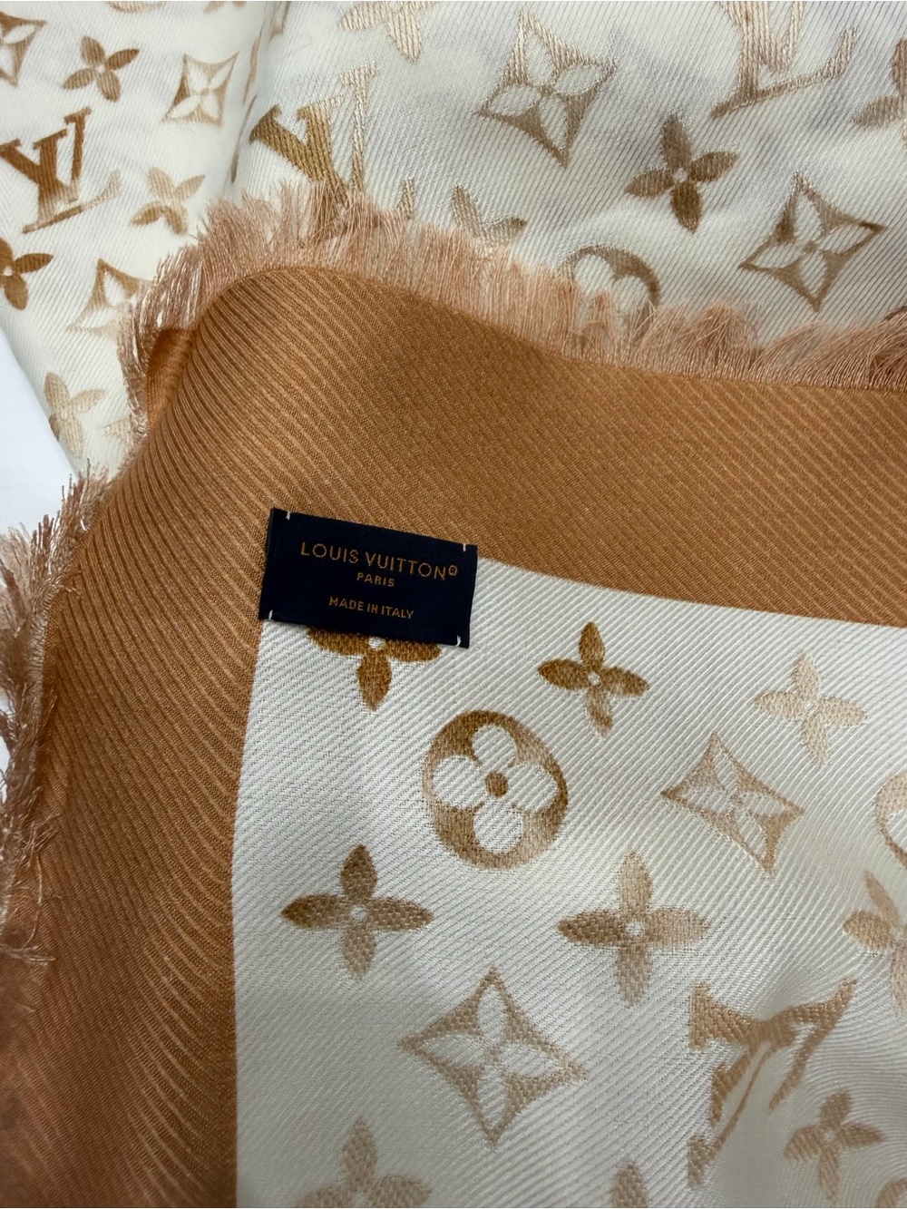 Louis Vuitton Cream and Gold Monogram Tag Detail Scarf - Picture 9 of 13